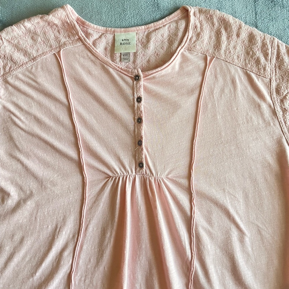 Knox Rose Blouse Light Pink Bohemian Short Sleeve Henley Embroidered Womens XXL - Picture 3 of 9